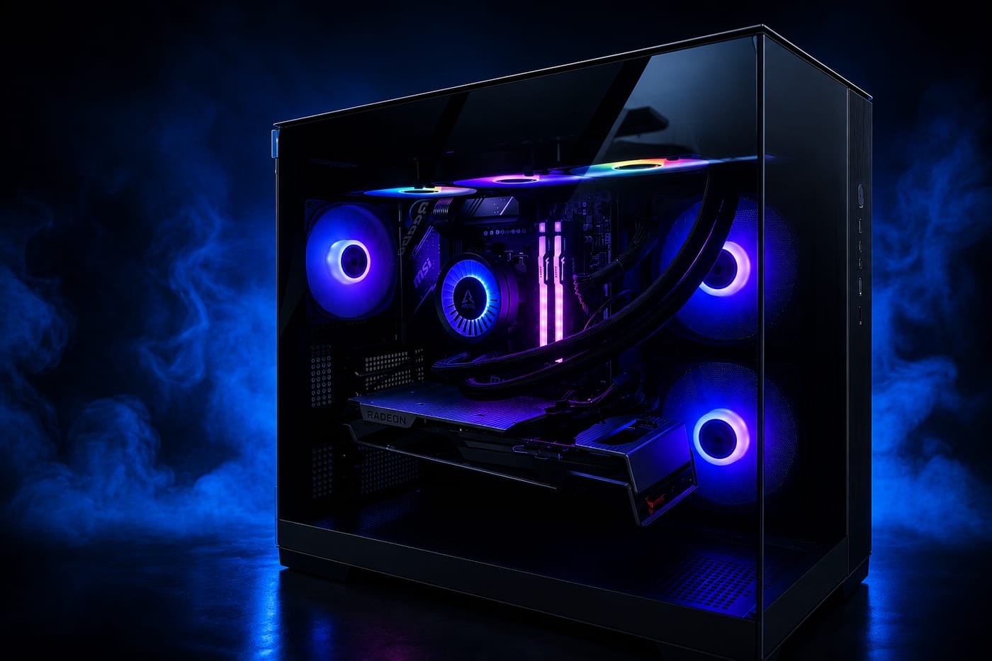 Custom gaming PC build with blue lighting