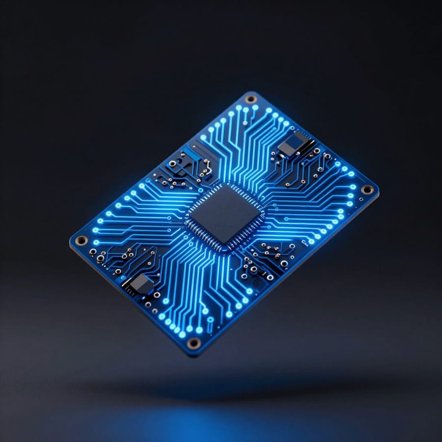 Illustration of a glowing circuit board and processor chip